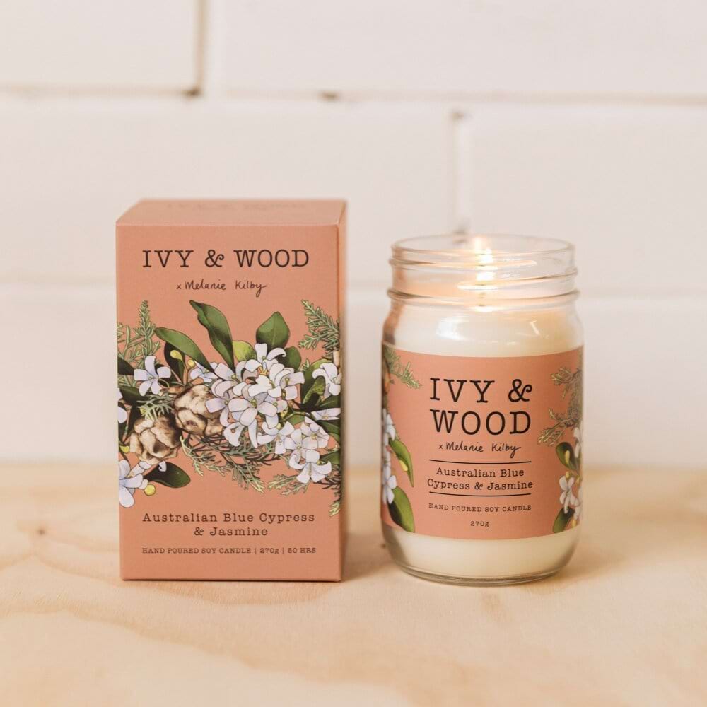 Ivy & Wood Australian Blue Cypress & Jasmine scented soy candle